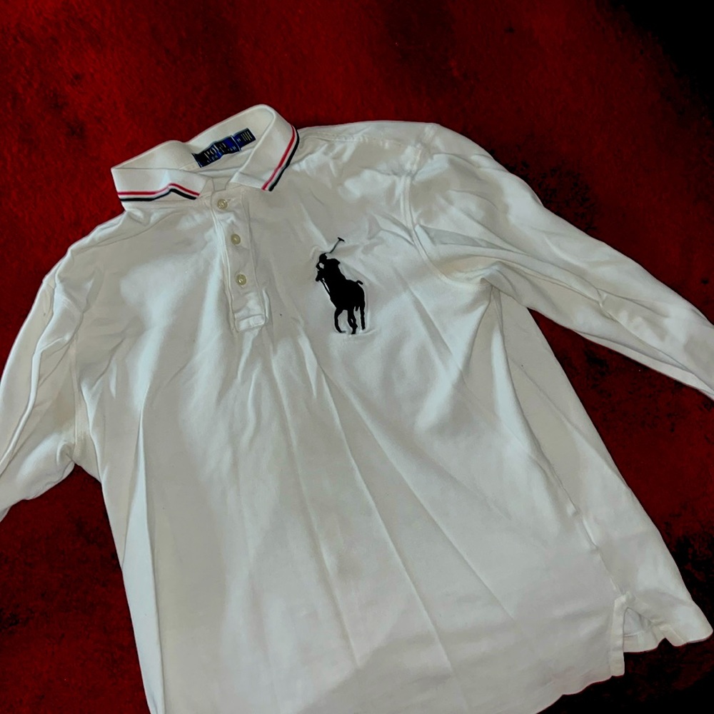 All white long sleeve big pony Ralph Lauren polo shirt